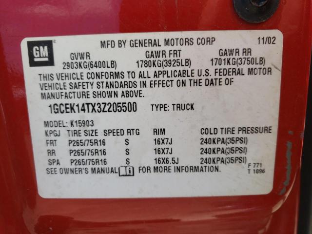 Photo 10 from auction – 2003 CHEVROLET SILVERADO with VIN 1GCEK14TX3Z205500