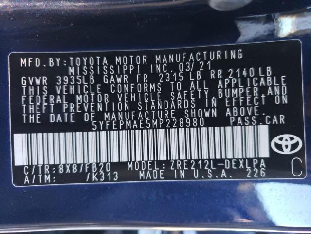 Photo 10 from auction – 2021 TOYOTA COROLLA LE with VIN 5YFEPMAE5MP228980