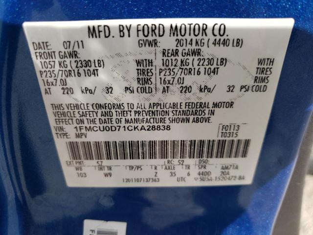 Photo 10 from auction – 2012 FORD ESCAPE XLT with VIN 1FMCU0D71CKA28838