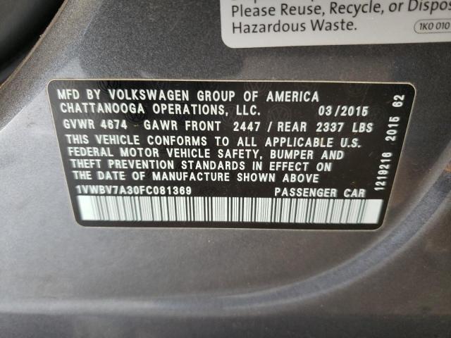Photo 10 from auction – 2015 VOLKSWAGEN PASSAT SE with VIN 1VWBV7A30FC081369