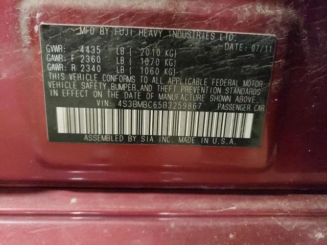 Photo 10 from auction – 2011 SUBARU LEGACY 2.5 with VIN 4S3BMBC65B3259867