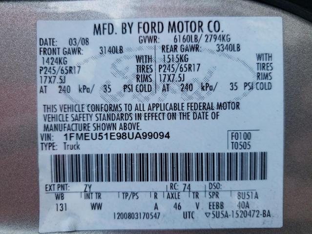 Photo 10 from auction – 2008 FORD EXPLORER S with VIN 1FMEU51E98UA99094