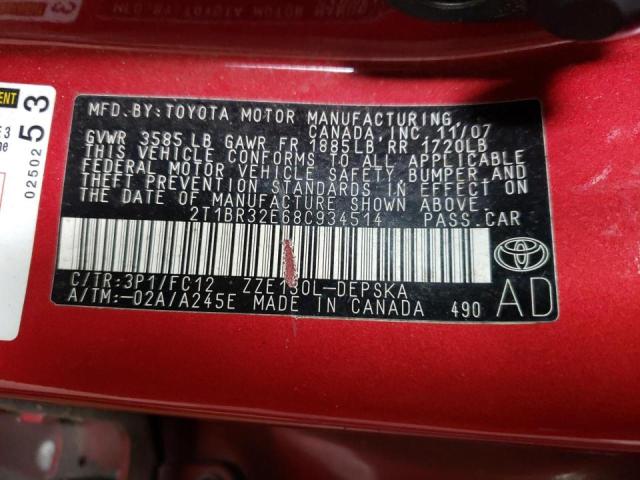 Photo 10 from auction – 2008 TOYOTA COROLLA CE with VIN 2T1BR32E68C934514