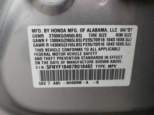 Photo 10 from auction – 2007 HONDA PILOT EX with VIN 5FNYF18487B018482