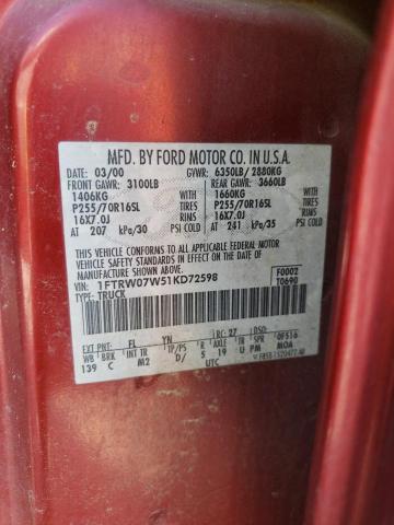 Photo 10 from auction – 2001 FORD F150 SUPER with VIN 1FTRW07W51KD72598