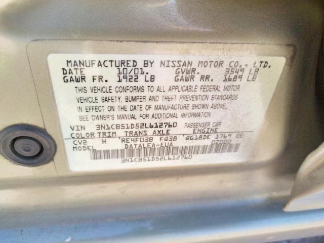 Photo 10 from auction – 2002 NISSAN SENTRA XE with VIN 3N1CB51D52L612760