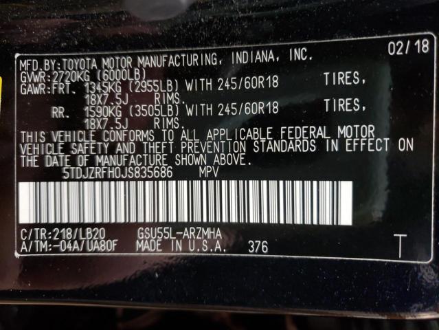 Photo 10 from auction – 2018 TOYOTA HIGHLANDER with VIN 5TDJZRFH0JS835686