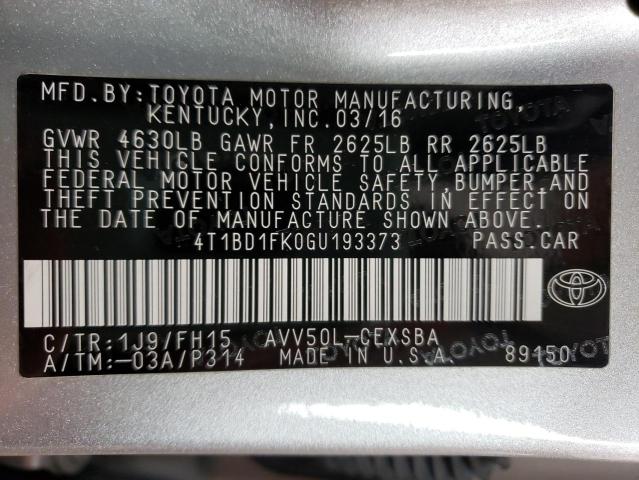 Photo 10 from auction – 2016 TOYOTA CAMRY HYBR with VIN 4T1BD1FK0GU193373