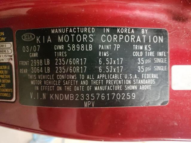Photo 10 from auction – 2007 KIA SEDONA EX with VIN KNDMB233576170259