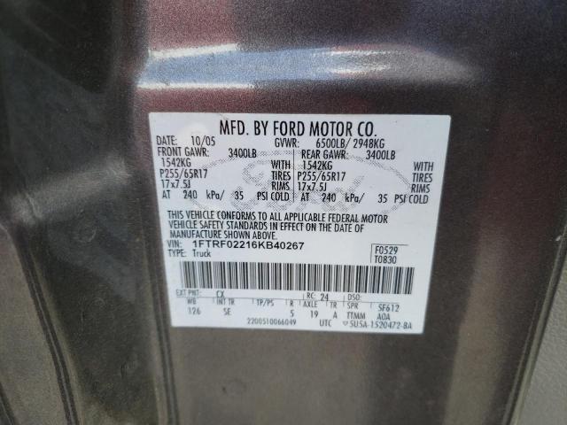 Photo 10 from auction – 2006 FORD F150 with VIN 1FTRF02216KB40267