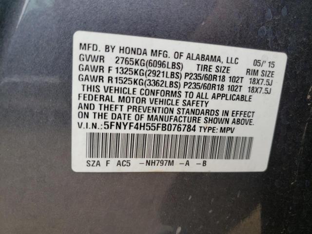 Foto 10 de la subasta – 2015 HONDA PILOT EXL con VIN 5FNYF4H55FB076784