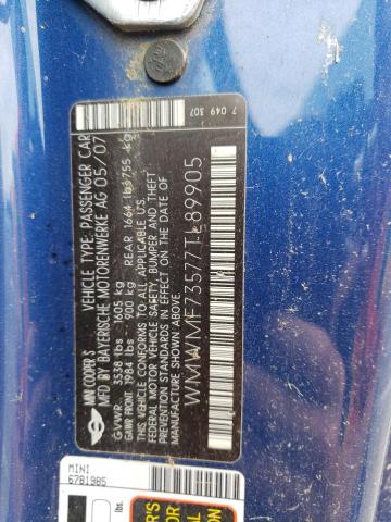 Photo 10 from auction – 2007 MINI COOPER S with VIN WMWMF73577TL89905
