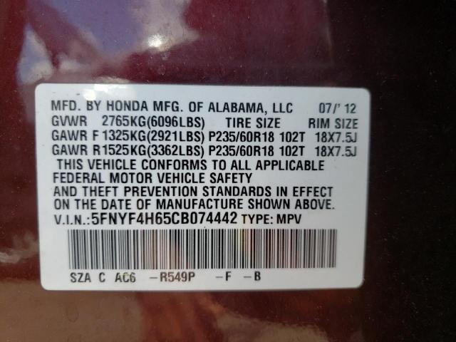 Photo 10 from auction – 2012 HONDA PILOT EXL with VIN 5FNYF4H65CB074442
