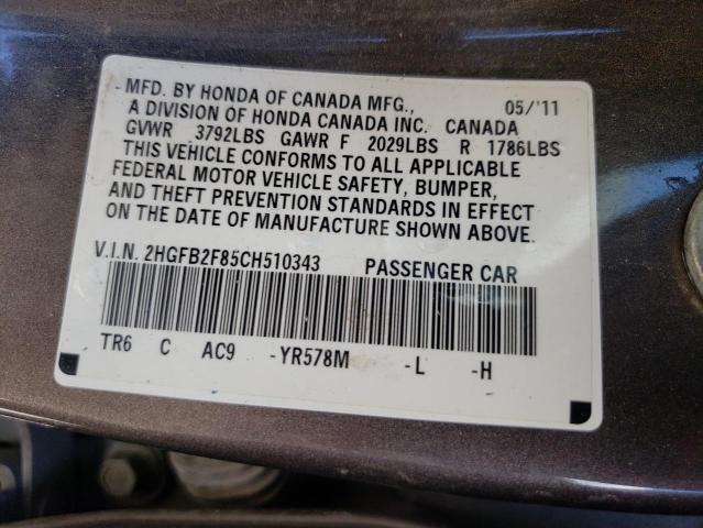 Foto 10 de la subasta – 2012 HONDA CIVIC EX con VIN 2HGFB2F85CH510343