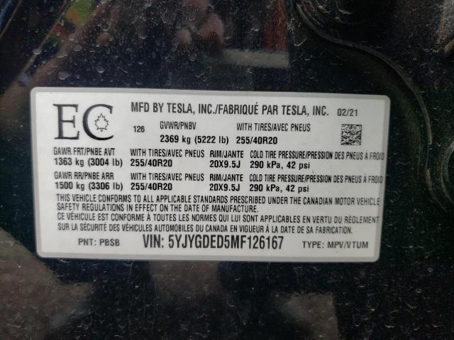 Photo 10 from auction – 2021 TESLA MODEL Y with VIN 5YJYGDED5MF126167