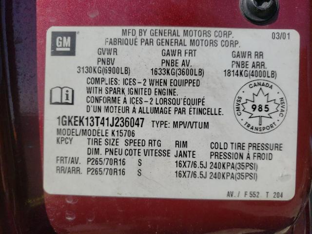 Photo 10 from auction – 2001 GMC YUKON with VIN 1GKEK13T41J236047