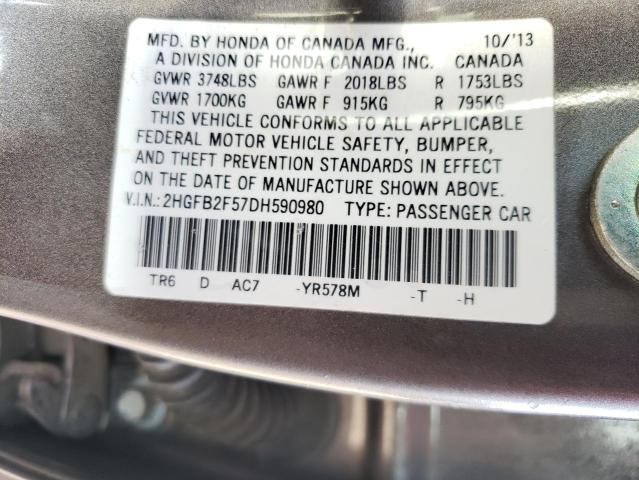 Photo 10 from auction – 2013 HONDA CIVIC LX with VIN 2HGFB2F57DH590980