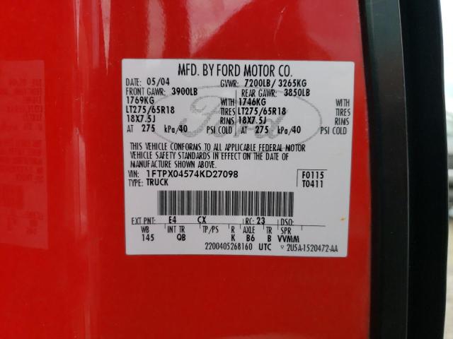 Photo 10 from auction – 2004 FORD F150 with VIN 1FTPX04574KD27098