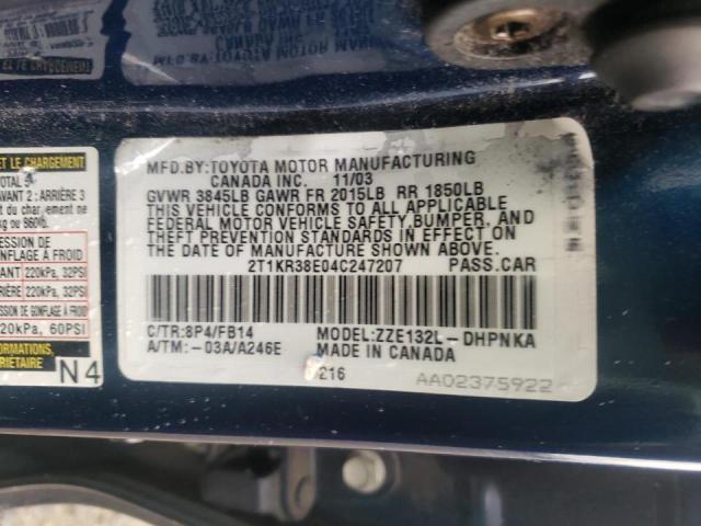 Zdjęcie 10 z aukcji – 2004 TOYOTA COROLLA MA z VIN 2T1KR38E04C247207