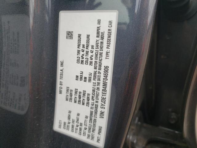 Photo 10 from auction – 2021 TESLA MODEL 3 with VIN 5YJ3E1EB4MF046906