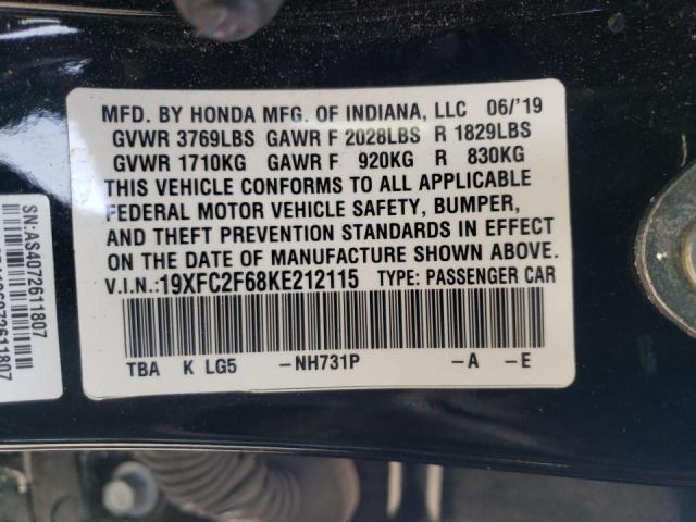 Photo 10 from auction – 2019 HONDA CIVIC LX with VIN 19XFC2F68KE212115