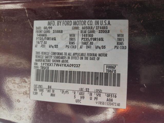 Photo 10 from auction – 2000 FORD F150 with VIN 1FTRX17W4YKA09237