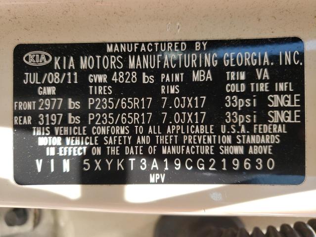 Photo 10 from auction – 2012 KIA SORENTO BA with VIN 5XYKT3A19CG219630
