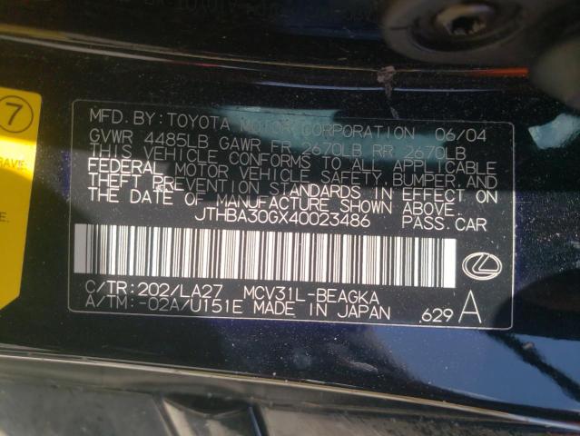 Photo 10 from auction – 2004 LEXUS ES 330 with VIN JTHBA30GX40023486