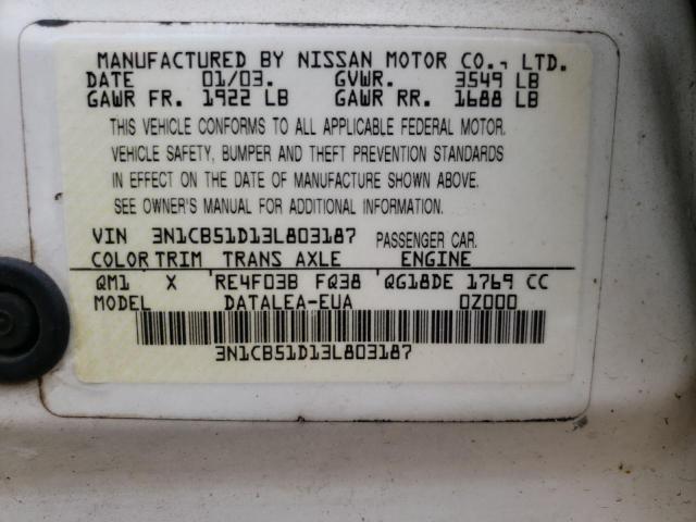 Photo 10 from auction – 2003 NISSAN SENTRA XE with VIN 3N1CB51D13L803187