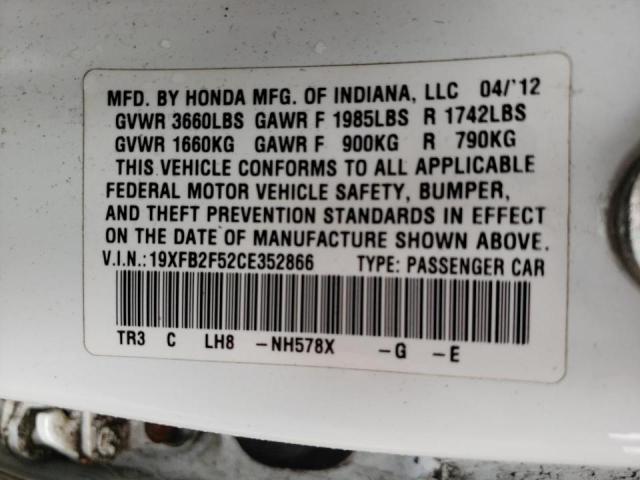 Photo 10 from auction – 2012 HONDA CIVIC LX with VIN 19XFB2F52CE352866