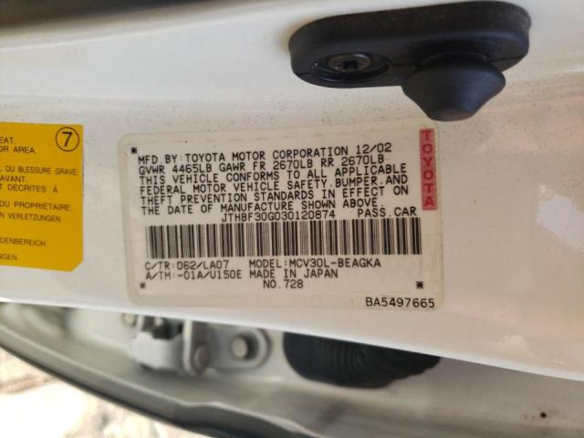 Photo 10 from auction – 2003 LEXUS ES 300 with VIN JTHBF30G030120874