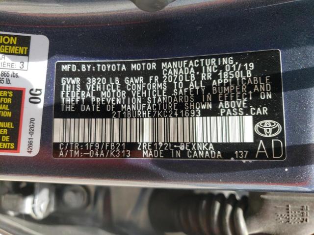 Photo 10 from auction – 2019 TOYOTA COROLLA L with VIN 2T1BURHE7KC241693