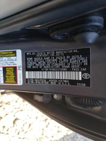 Photo 10 from auction – 2012 TOYOTA CAMRY BASE with VIN 4T1BF1FK6CU112980