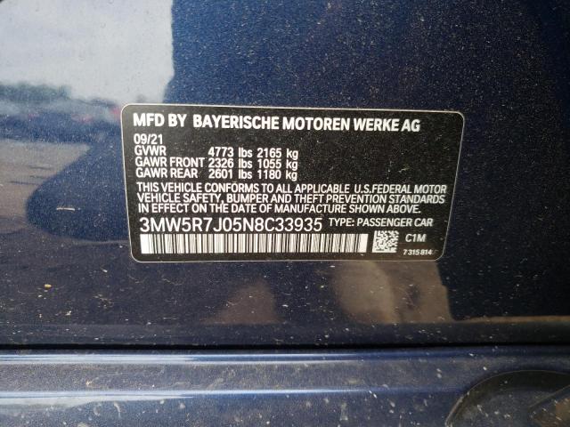 Photo 10 from auction – 2022 BMW 330XI with VIN 3MW5R7J05N8C33935