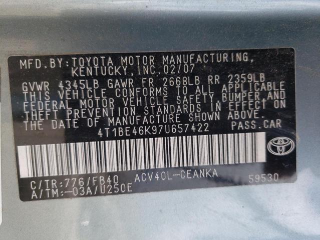 Photo 10 from auction – 2007 TOYOTA CAMRY CE with VIN 4T1BE46K97U657422