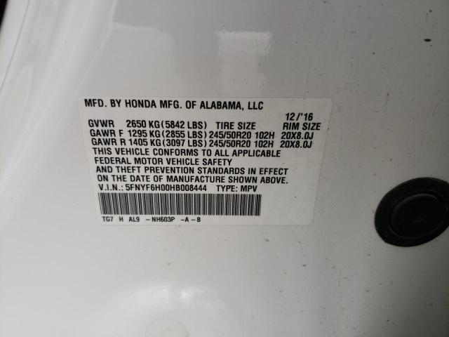 Photo 10 from auction – 2017 HONDA PILOT ELIT with VIN 5FNYF6H00HB008444