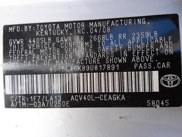 Photo 10 from auction – 2009 TOYOTA CAMRY BASE with VIN 4T1BE46K89U817891