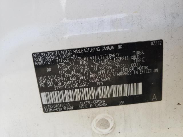 Photo 10 from auction – 2012 TOYOTA RAV4 with VIN 2T3BF4DV4CW236042
