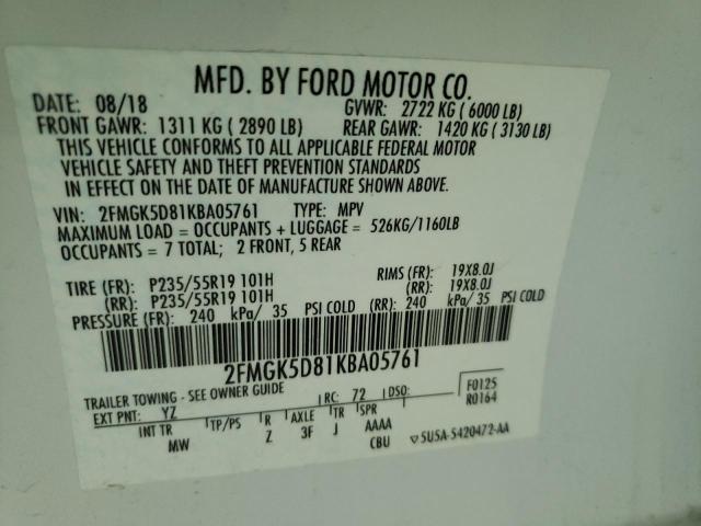 Photo 10 from auction – 2019 FORD FLEX LIMIT with VIN 2FMGK5D81KBA05761