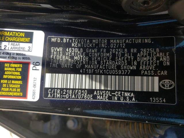 Photo 10 from auction – 2012 TOYOTA CAMRY BASE with VIN 4T1BF1FK1CU059377