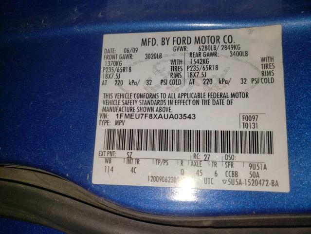 Photo 10 from auction – 2010 FORD EXPLORER L with VIN 1FMEU7F8XAUA03543