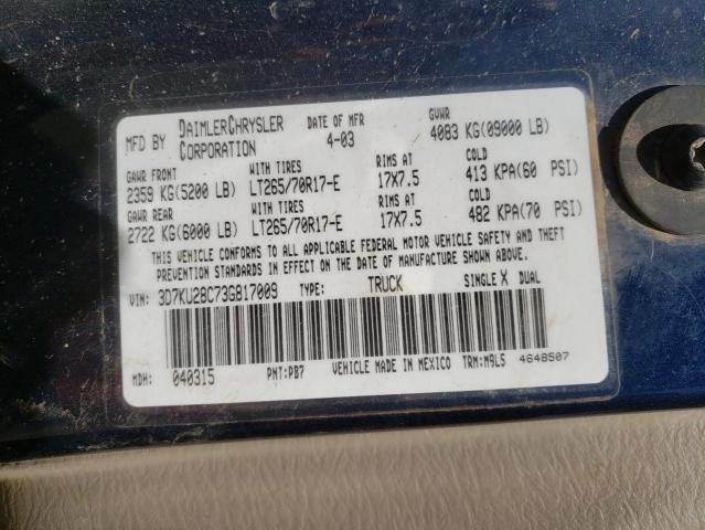 Photo 10 from auction – 2003 DODGE RAM 2500 S with VIN 3D7KU28C73G817009