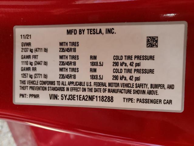 Photo 10 from auction – 2022 TESLA MODEL 3 with VIN 5YJ3E1EA2NF118288