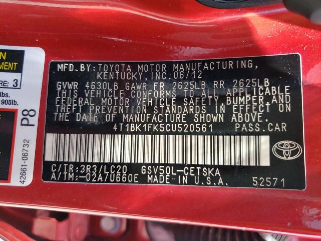 Photo 10 from auction – 2012 TOYOTA CAMRY SE with VIN 4T1BK1FK5CU520561