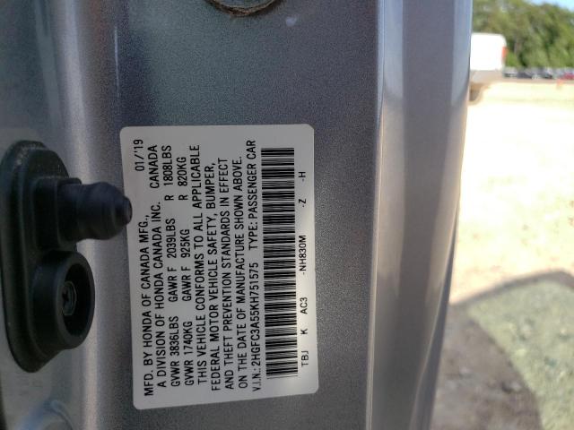 Photo 10 from auction – 2019 HONDA CIVIC SI with VIN 2HGFC3A55KH751575