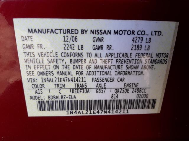 Photo 10 from auction – 2007 NISSAN ALTIMA 2.5 with VIN 1N4AL21E47N414211