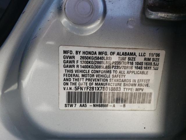 Photo 10 from auction – 2007 HONDA PILOT LX with VIN 5FNYF281X7B018883