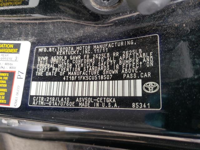 Photo 10 from auction – 2012 TOYOTA CAMRY BASE with VIN 4T1BF1FK5CU518507