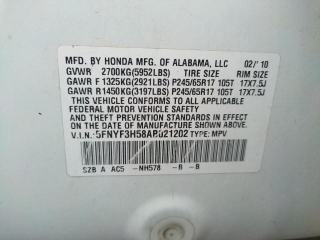 Photo 10 from auction – 2010 HONDA PILOT EXL with VIN 5FNYF3H58AB021202