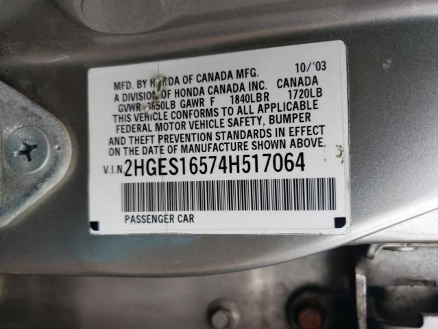 Photo 10 from auction – 2004 HONDA CIVIC LX with VIN 2HGES16574H517064